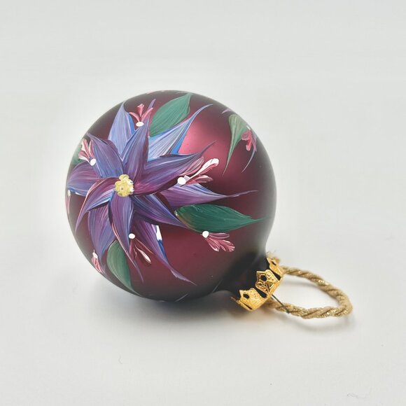Hand-Painted Glass Christmas Ornament With Colorful Floral Design & Gold-Toned C - Picture 6 of 6